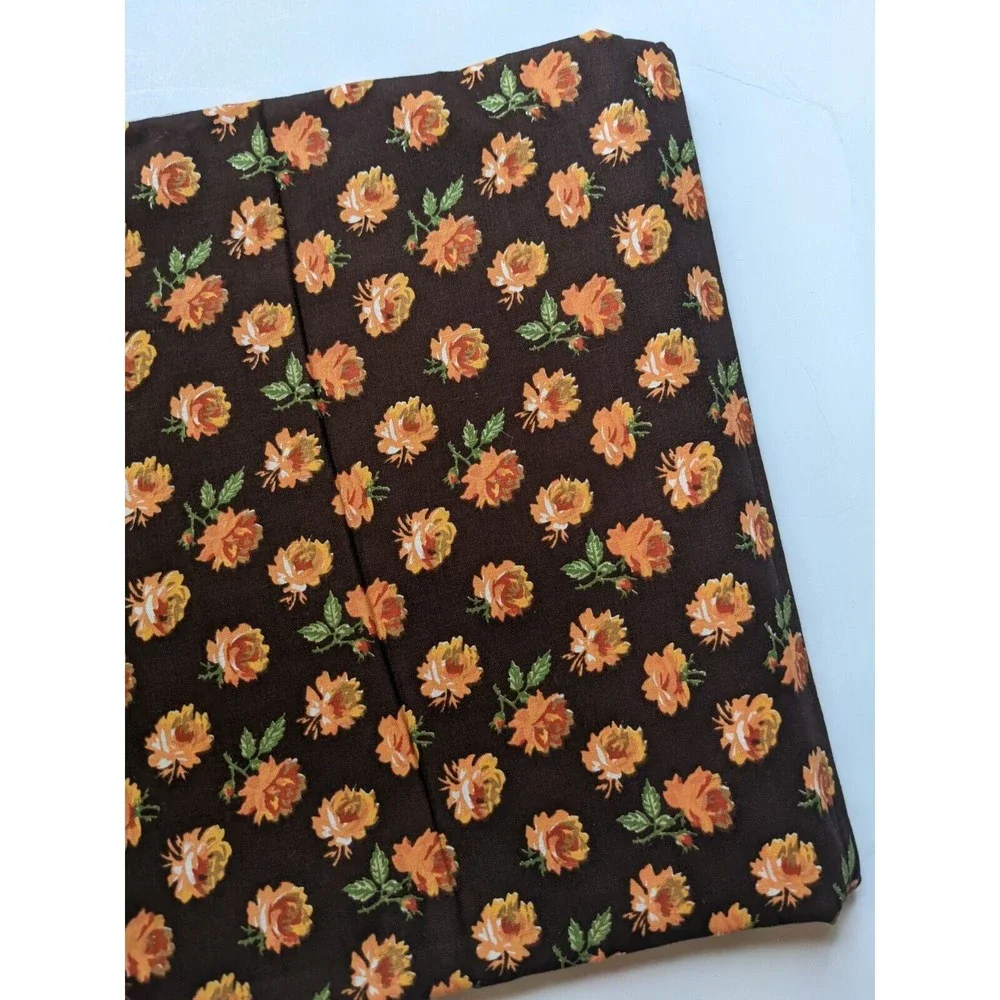 Vintage Mid-Century Floral Fabric Orange Rose Print Brown Background 44